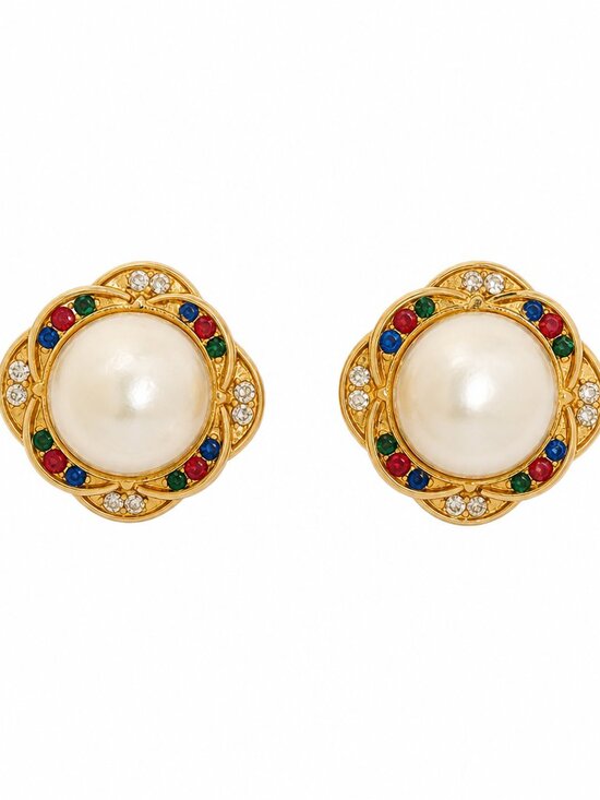 Jewelry - Vintage Faux Pearl Clip-On Earrings/Gold Tone & Multicolor Rhinestones/Statement